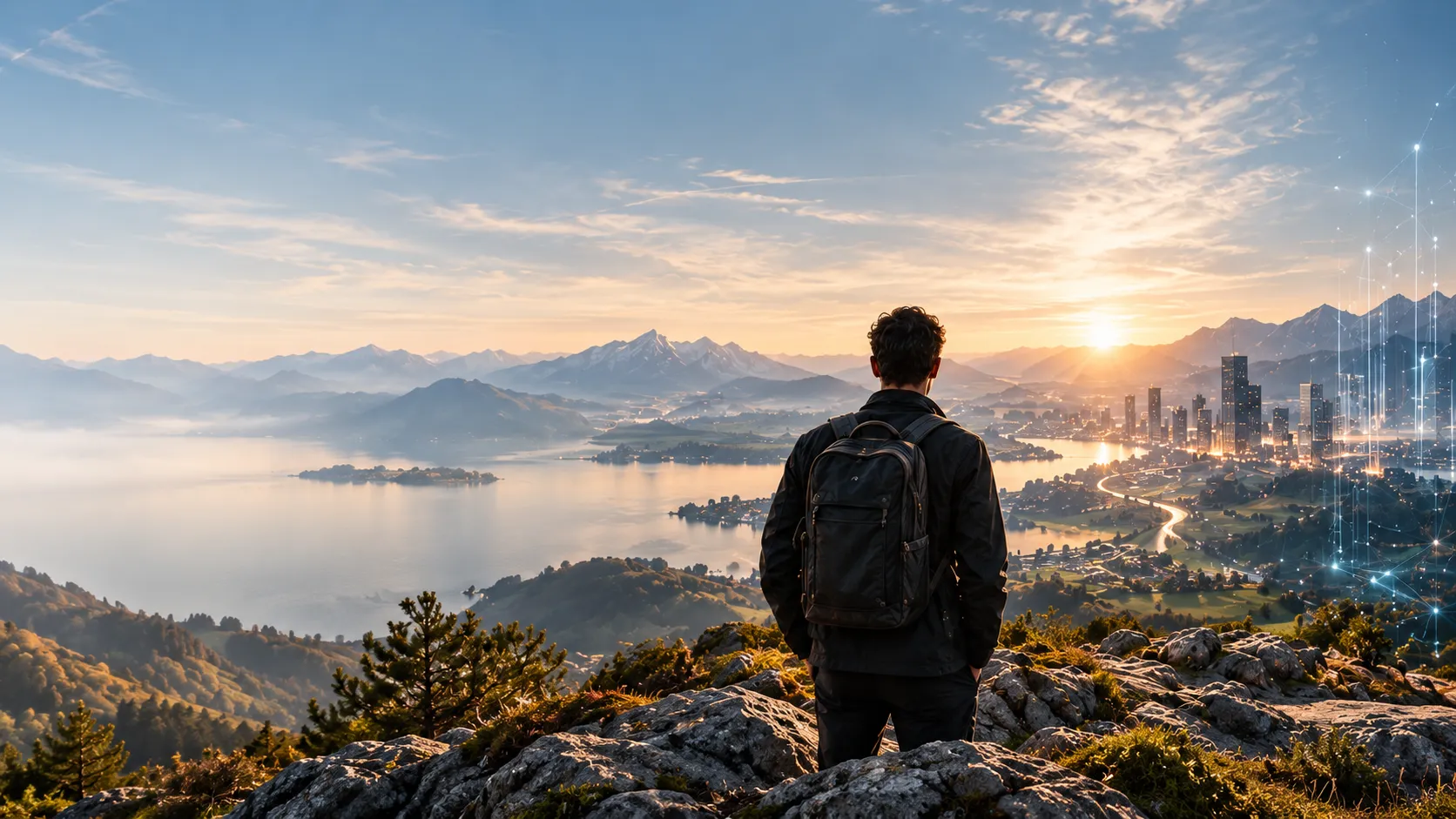 A person with a backpack stands on a rock looking out over a lake and a city in the morning light; on the right, fine lines suggest digital connectivity