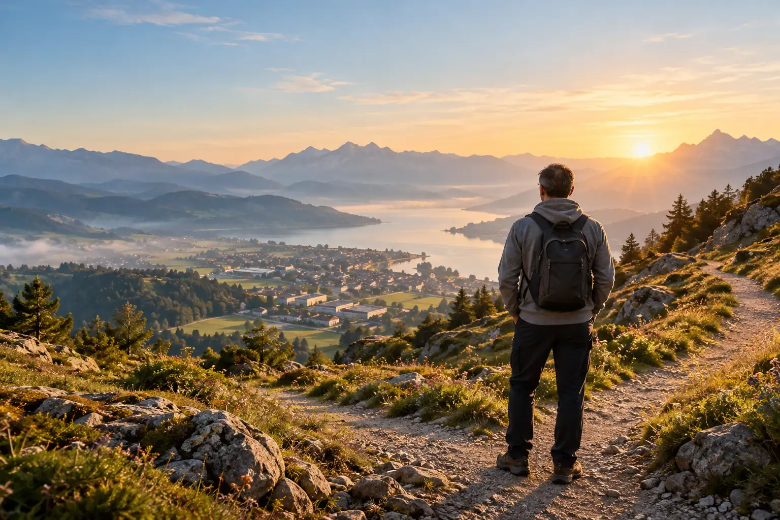 AI illustration: Seen from behind, a person in a grey hoodie stands at a fork in a path above a valley with a small town, factory buildings and a lake in the morning light.