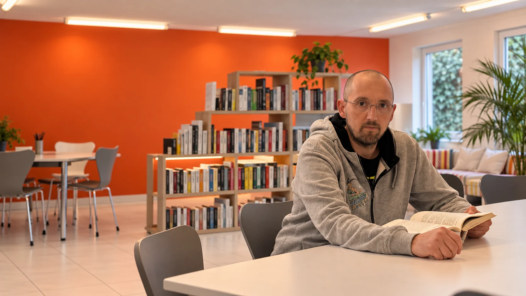 Illustration: Ein Berater im grauen Hoodie liest an einem Besprechungstisch in einem hellen Büro mit oranger Wand und Bücherregal.