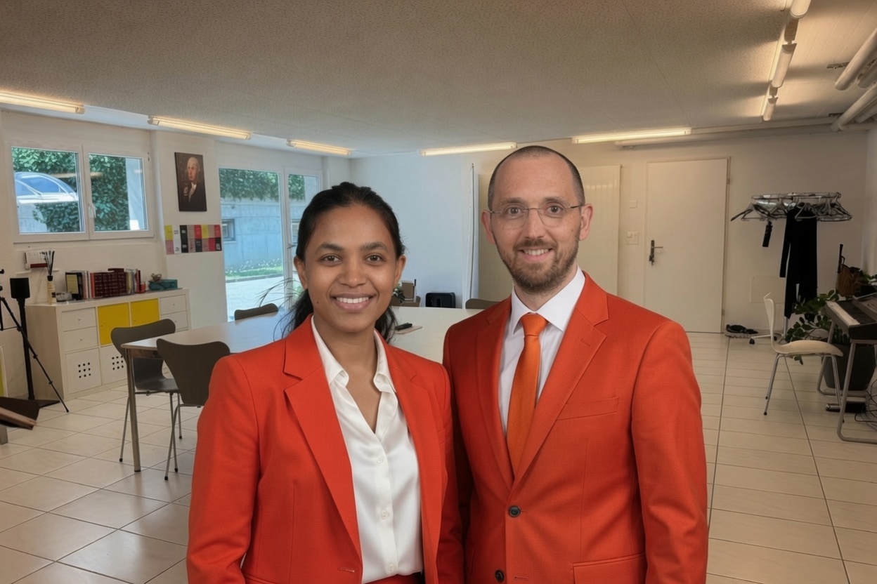 Zwei Personen in orangefarbenen Anzügen stehen gemeinsam in einem Besprechungsraum und blicken in die Kamera.