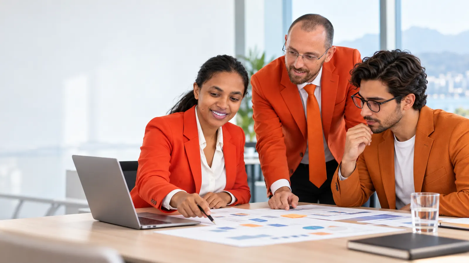 Illustration: three people analysing process diagrams at a table.