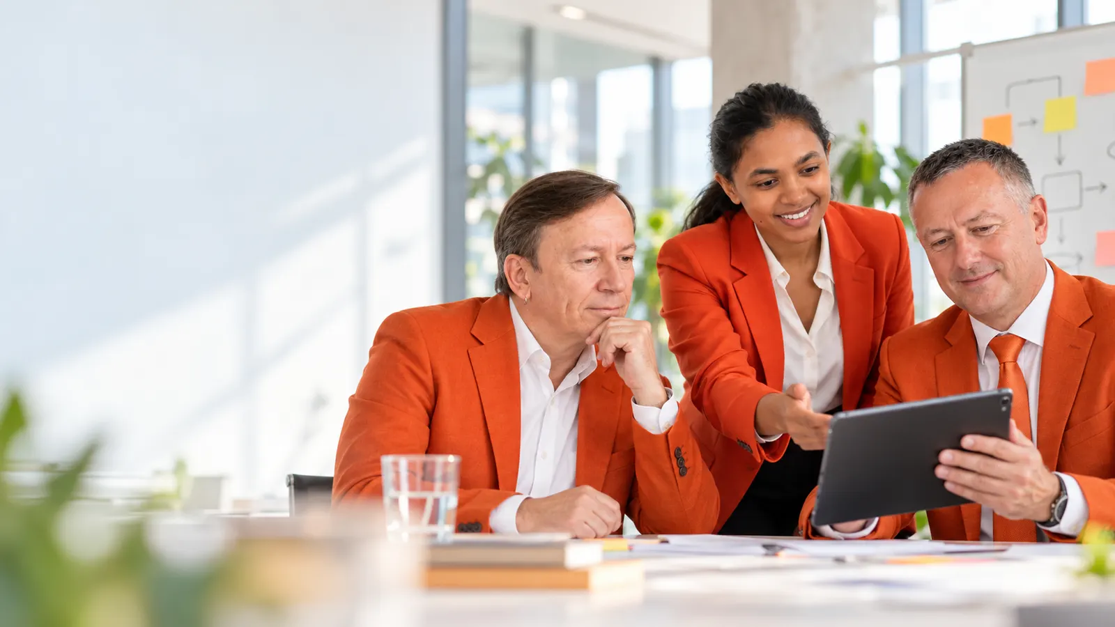Illustration: three people discussing a process change on a tablet.