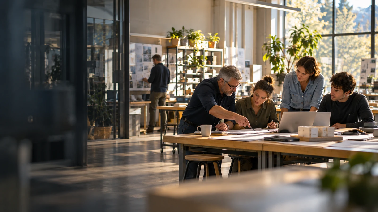 Colleagues of different ages discuss documents together around a worktable.