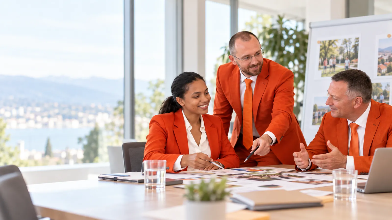 Illustration: Drei Personen besprechen am Tisch Fotos und Pläne eines gemeinnützigen Vorhabens.