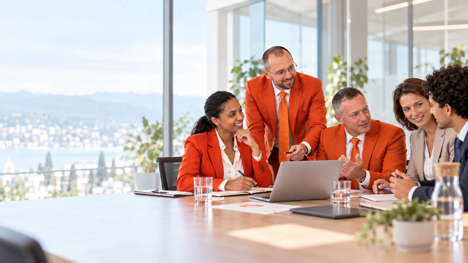 Illustrazione: tre persone in arancione discutono con due partner un progetto comune.