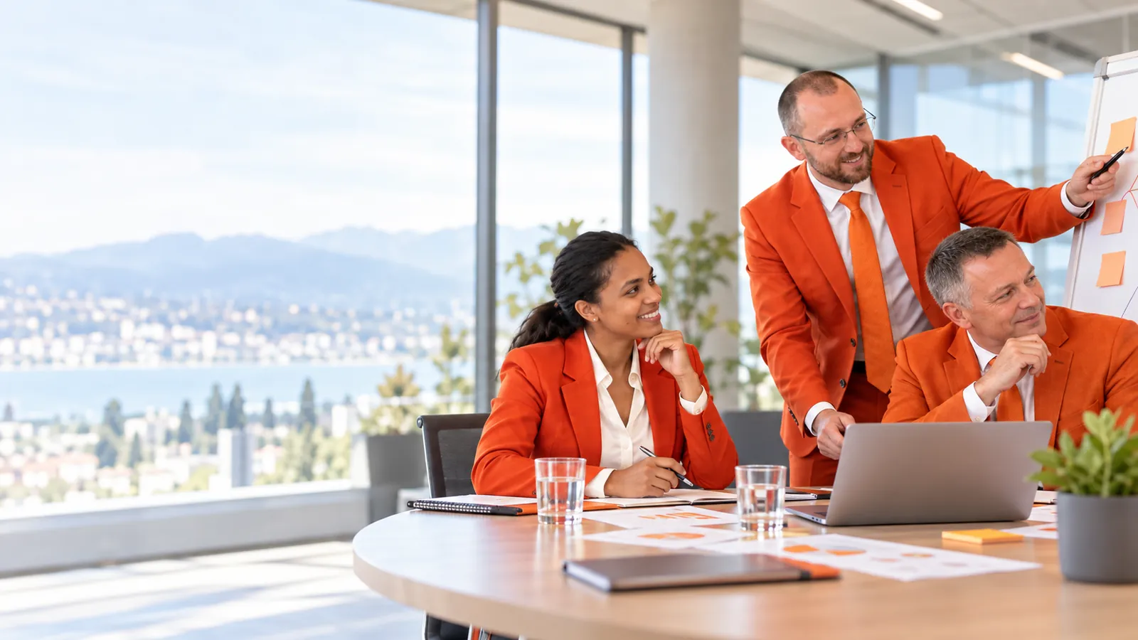 Illustration: three people working together on a task at a round table.